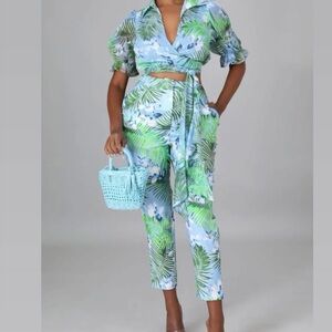 Tropical Print Wrap Crop Two Piece Set in Blue & Green